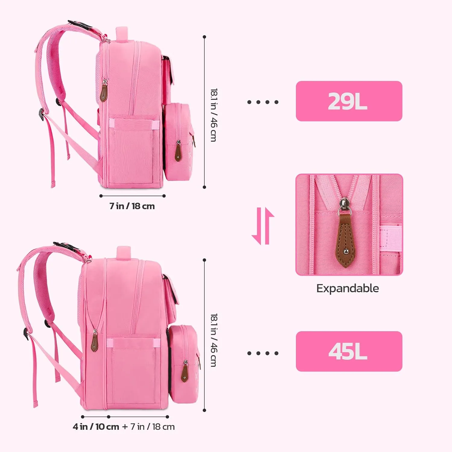 Maelstrom Large Diaper Bag,29L-45L Expandable Diaper Bag Backpack for 2 Kids/Twins Baby Stuff, with Removable Cross Body Bottle Bag for Mom/Dad, Stylish Baby Bag Gift for Boys/Girl-Pink