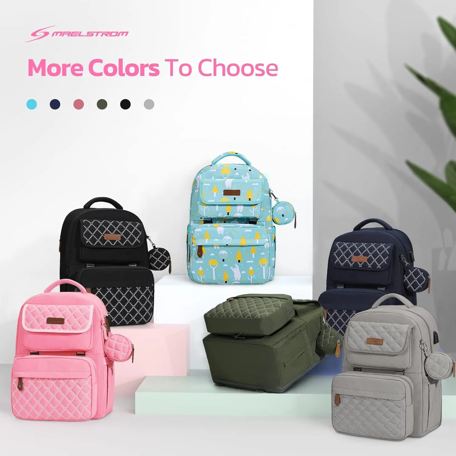 Maelstrom Large Diaper Bag,29L-45L Expandable Diaper Bag Backpack for 2 Kids/Twins Baby Stuff, with Removable Cross Body Bottle Bag for Mom/Dad, Stylish Baby Bag Gift for Boys/Girl-Pink
