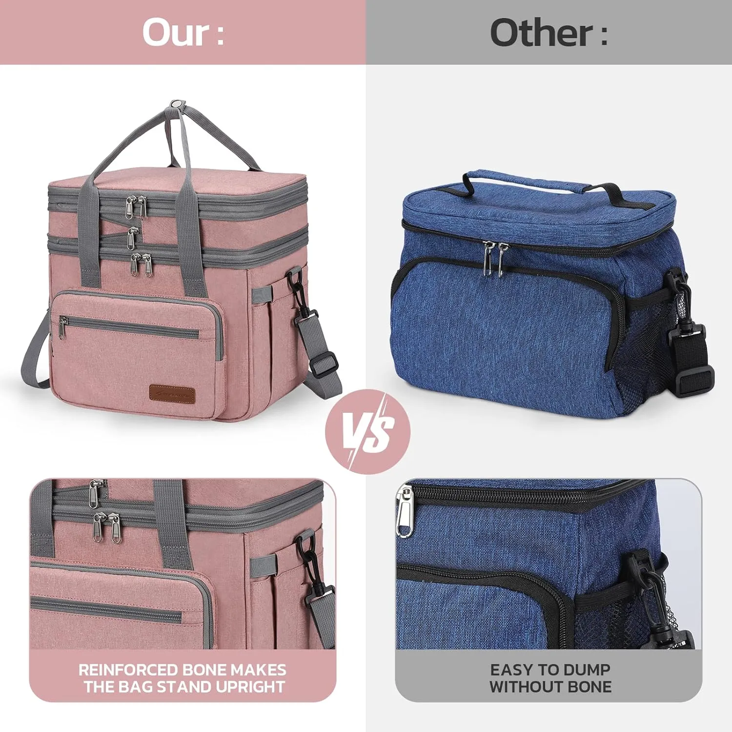 Maelstrom Lunch Bag Women,23L Insulated Lunch Box for Men Women,Expandable Double Deck Lunch Cooler Bag,Lightweight Leakproof Lunch Tote Bag with Side Tissue Pocket,Pink