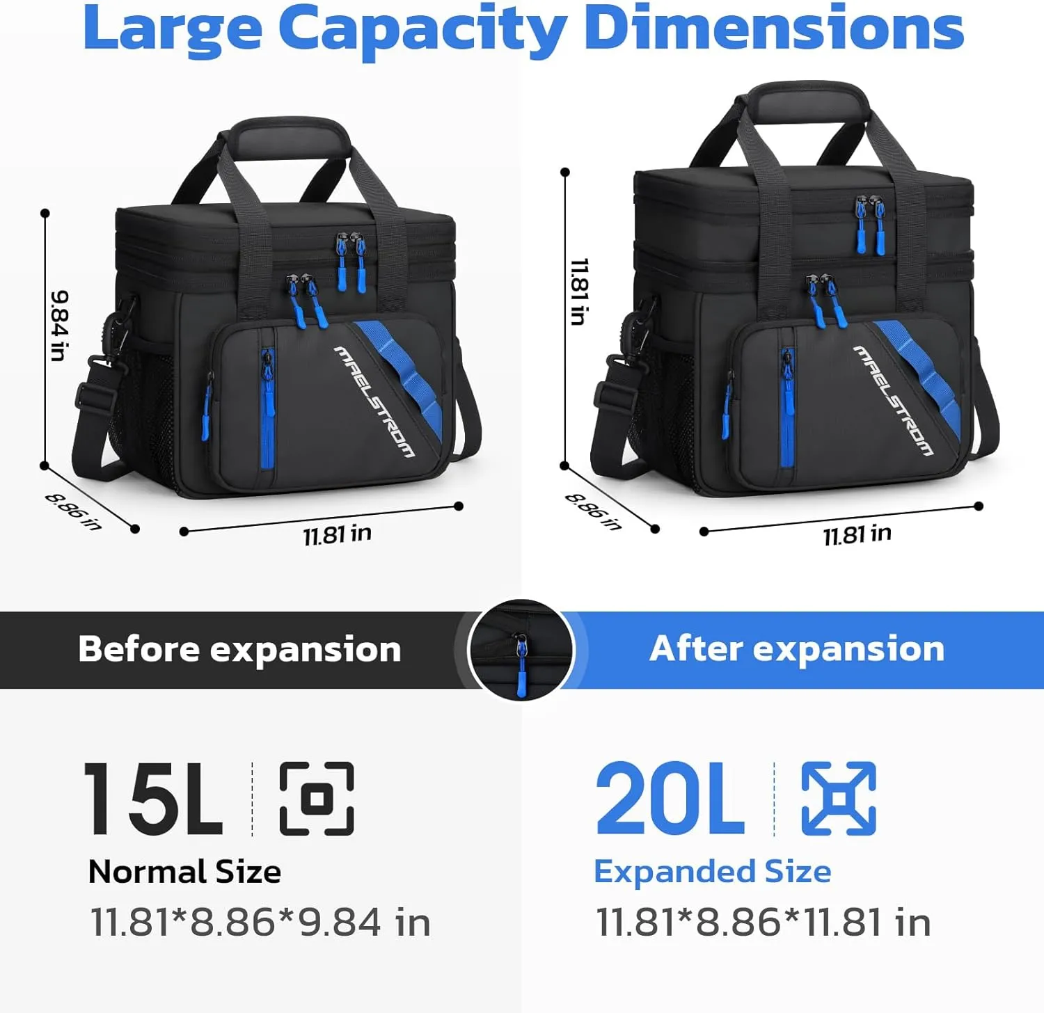 Maelstrom Lunch Box, 20L Insulated Lunch Bag for Men Women, Expandable Double Deck Leakproof Cooler Bag with 6 Pockets, Reusable Lunch Tote Bag for Work, Picnic, Travel, Black