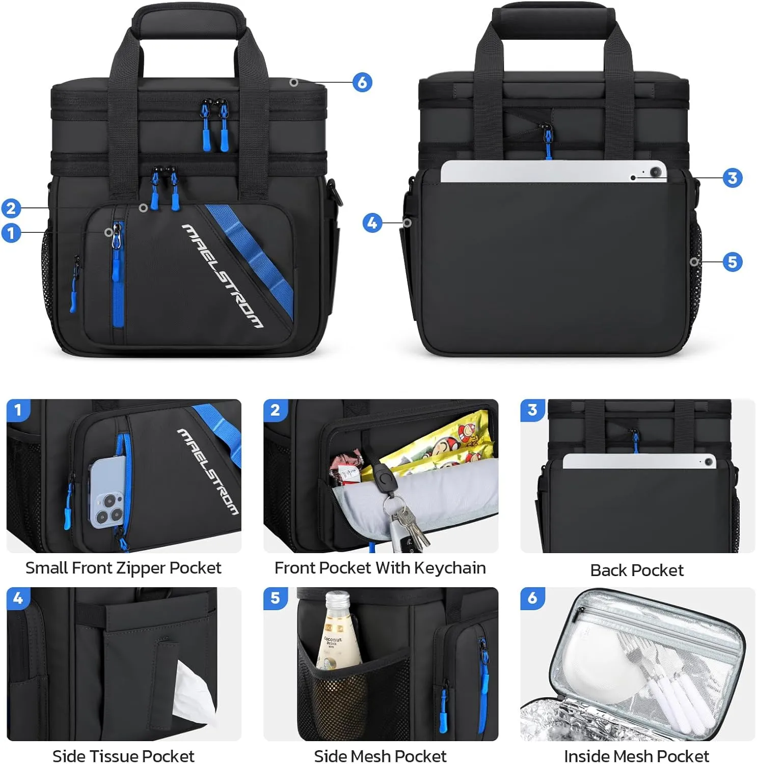 Maelstrom Lunch Box, 20L Insulated Lunch Bag for Men Women, Expandable Double Deck Leakproof Cooler Bag with 6 Pockets, Reusable Lunch Tote Bag for Work, Picnic, Travel, Black