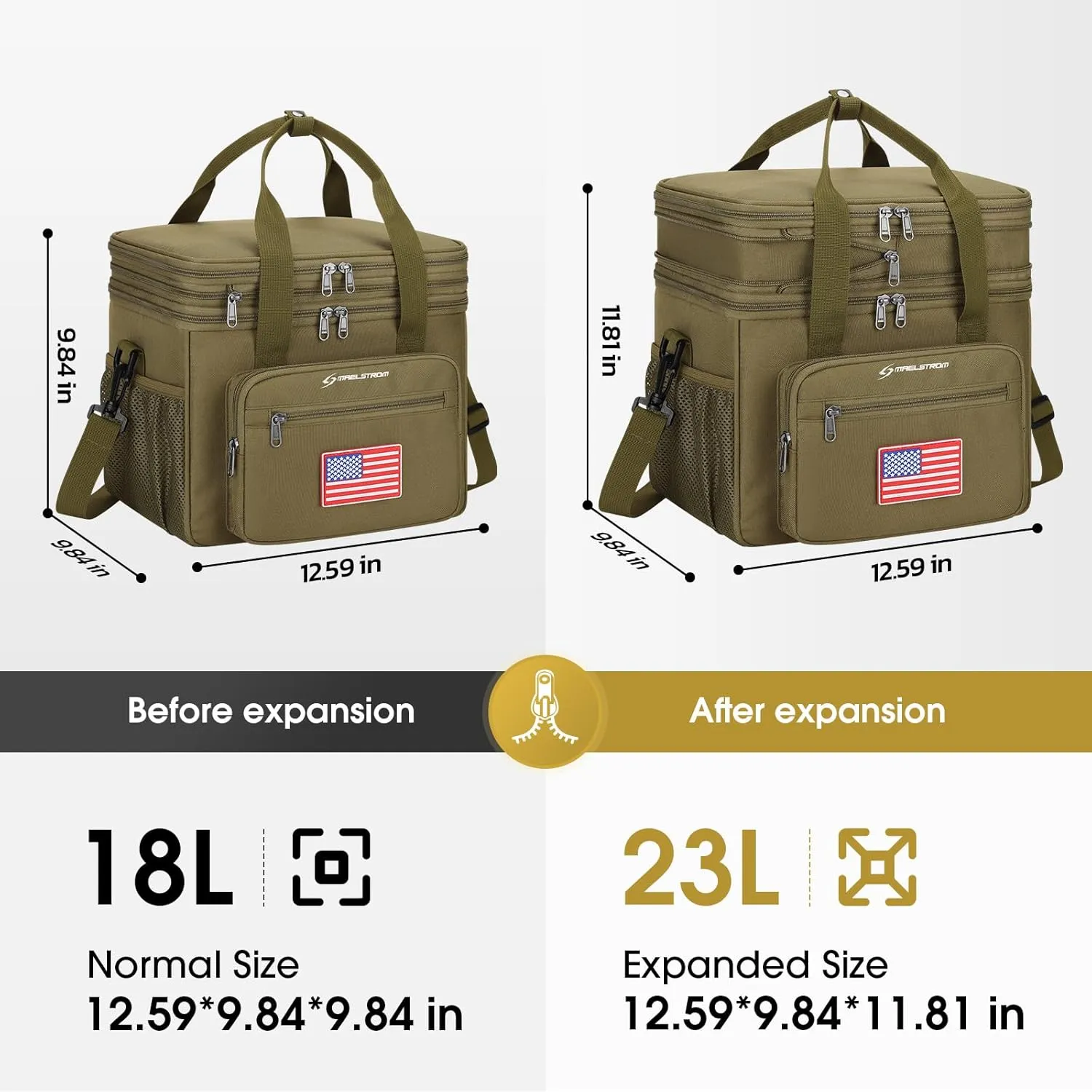 Maelstrom Tactical Lunch Box for Men, 23L Insulated Lunch Bag, Expandable Double Deck Cooler Bag, Lightweight Leakproof Tote Bag With Side Tissue Pocket, Suit For Men and Women, Khaki