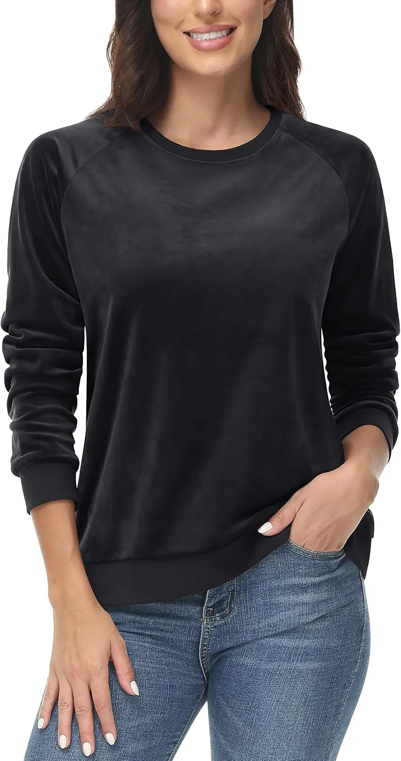 MAGCOMSEN Women's Velour Sweatshirts Crewneck Long Sleeve Casual Pullover Soft Warm Shirts Velvet Tops Winter Fall