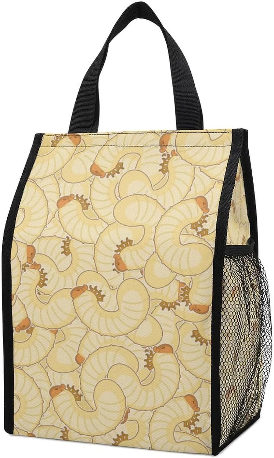 Maggot Beetle Larva Insulated Lunch Bag Wide-Open Foldable Portable Lunch Tote with Side Mesh Pockets Picnic Beach
