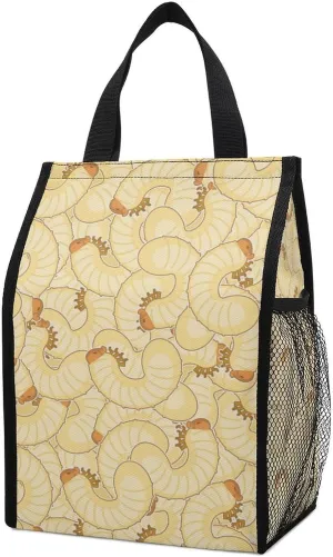 Maggot Beetle Larva Insulated Lunch Bag Wide-Open Foldable Portable Lunch Tote with Side Mesh Pockets Picnic Beach
