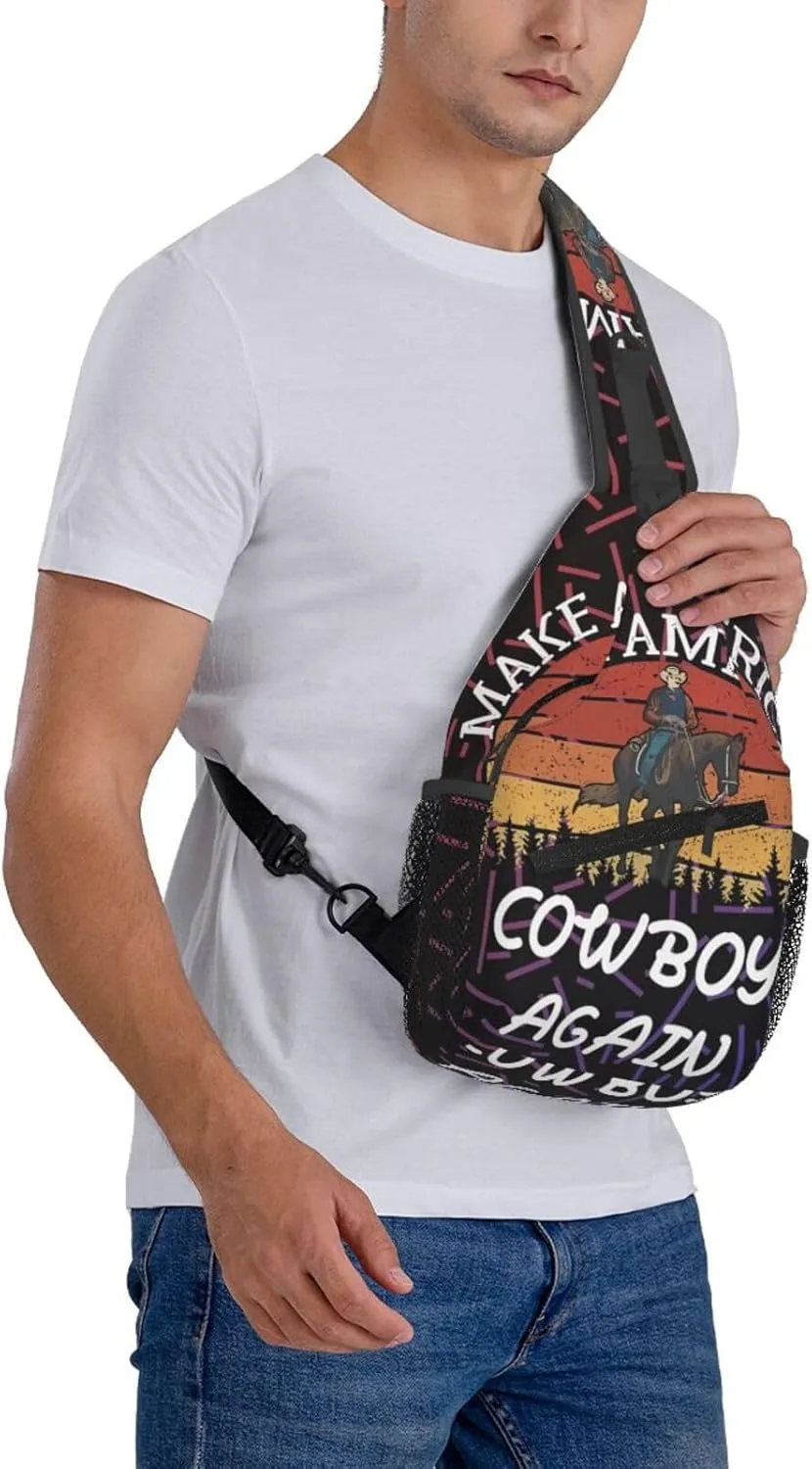 Makes America A Cowboy Again Crossbody Backpack Chest Shoulder Bag Lightweight One Strap Travel Hiking Daypack