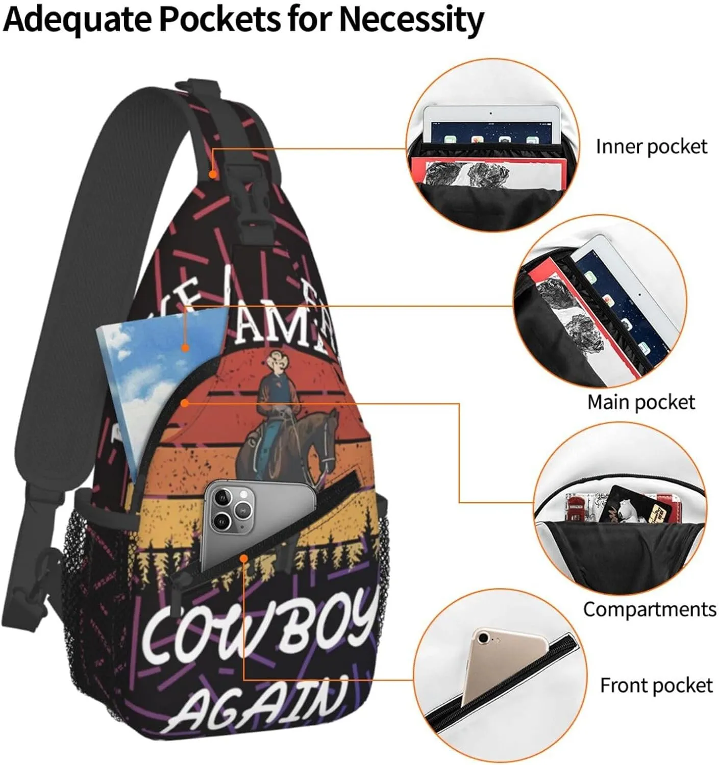 Makes America A Cowboy Again Crossbody Backpack Chest Shoulder Bag Lightweight One Strap Travel Hiking Daypack