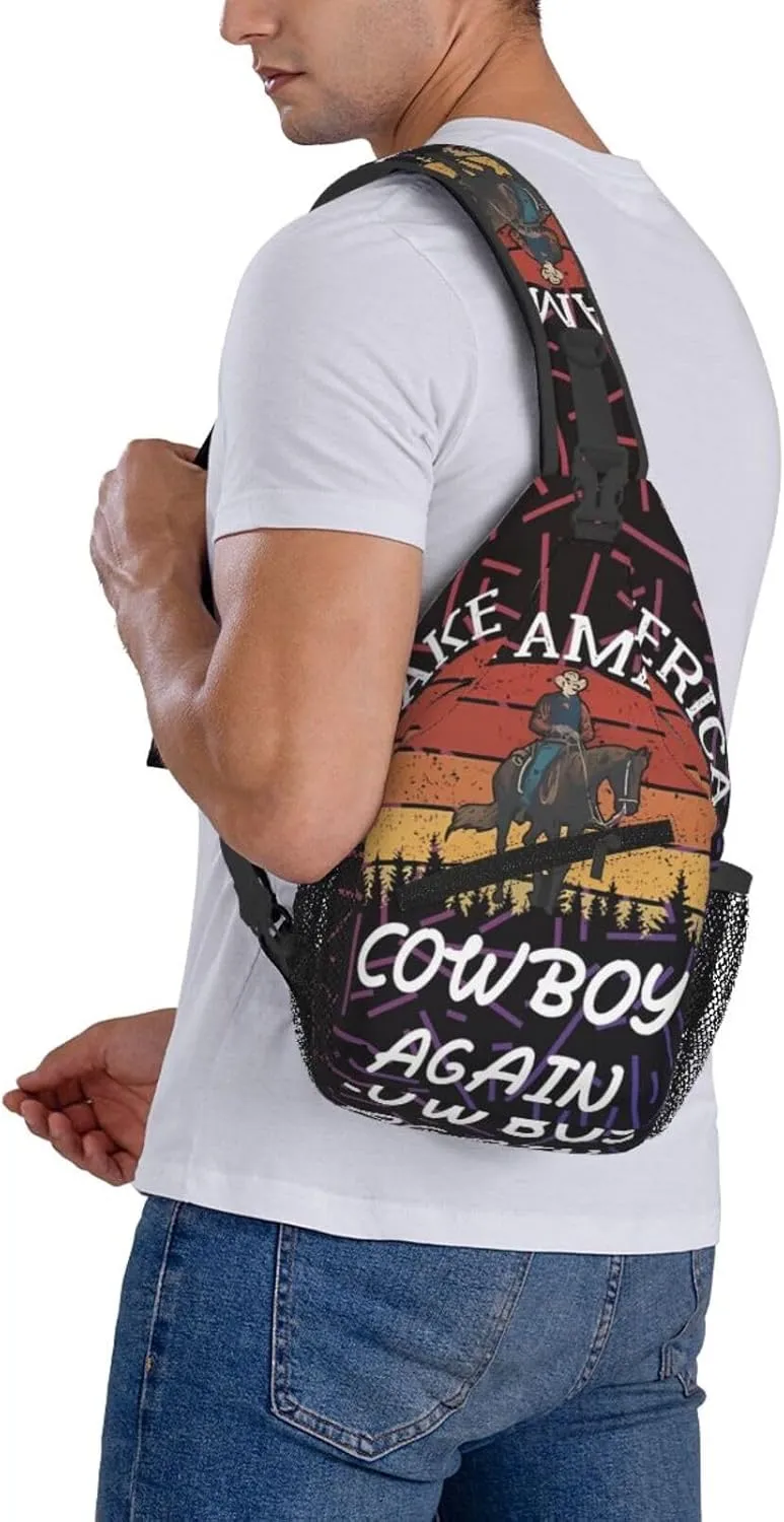Makes America A Cowboy Again Crossbody Backpack Chest Shoulder Bag Lightweight One Strap Travel Hiking Daypack