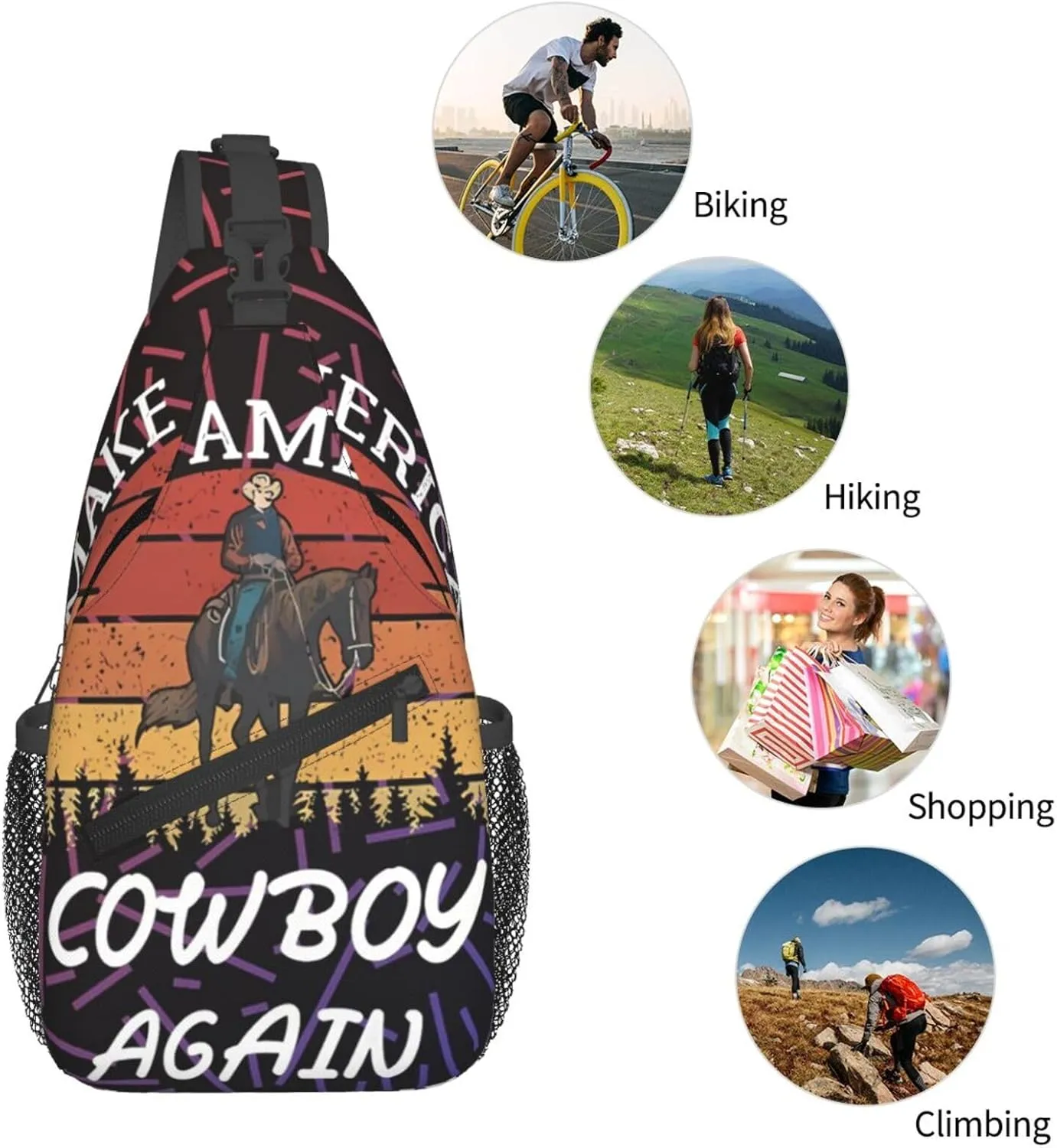 Makes America A Cowboy Again Crossbody Backpack Chest Shoulder Bag Lightweight One Strap Travel Hiking Daypack