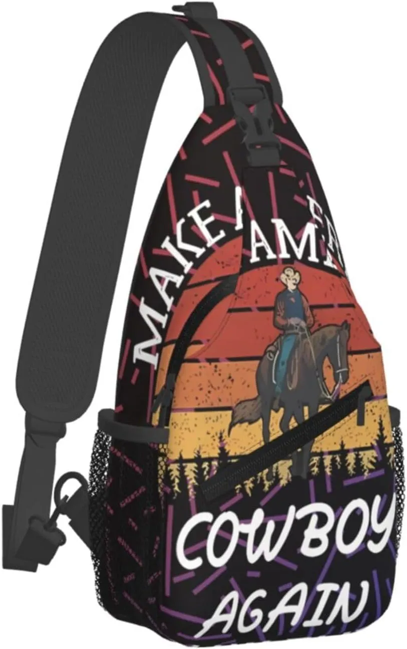 Makes America A Cowboy Again Crossbody Backpack Chest Shoulder Bag Lightweight One Strap Travel Hiking Daypack