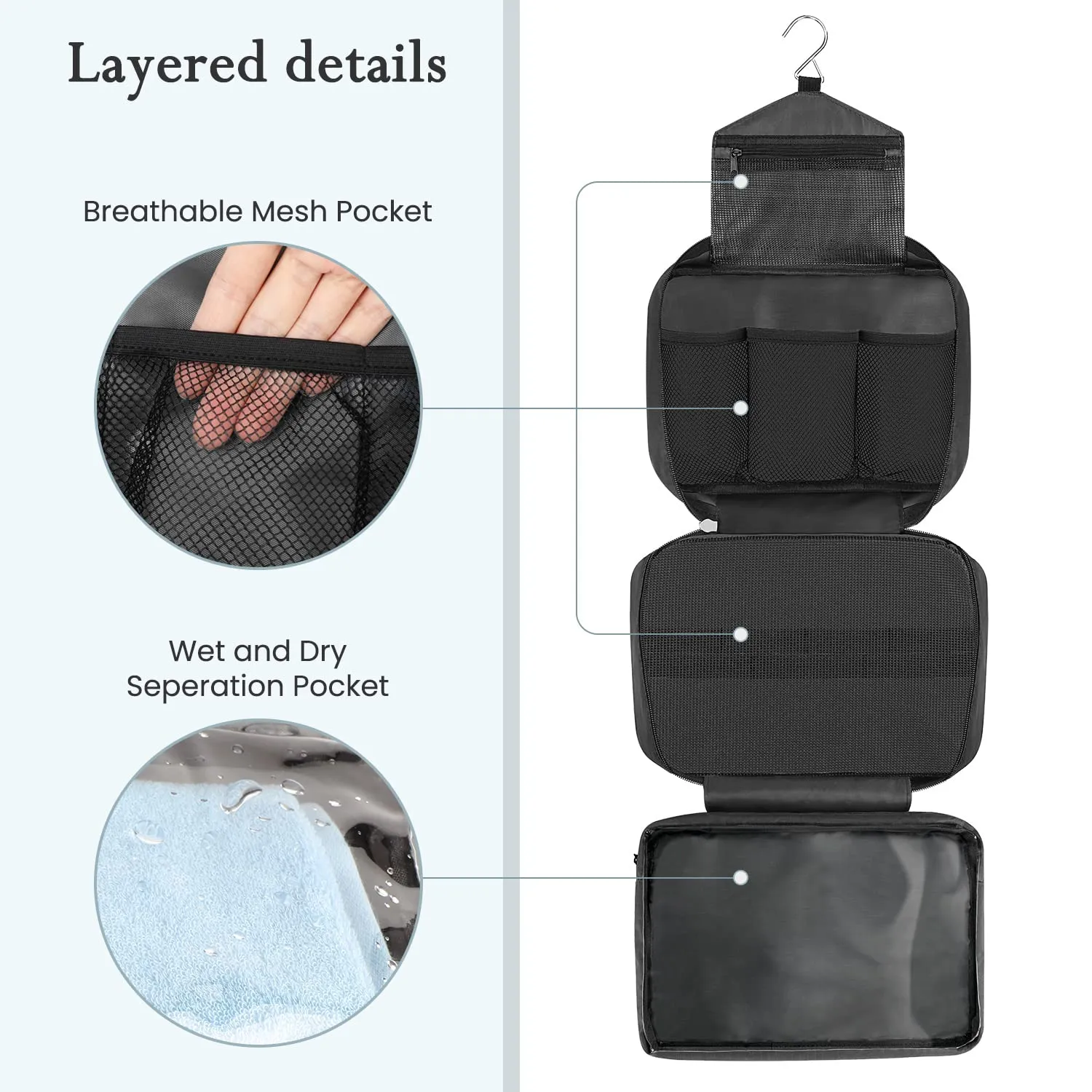 Maliton Toiletry Bag for Men & Women | Large for Traveling | Hanging Compact Hygiene Bag with 4 Compartments | Waterproof Bathroom Shower Bag (Black)