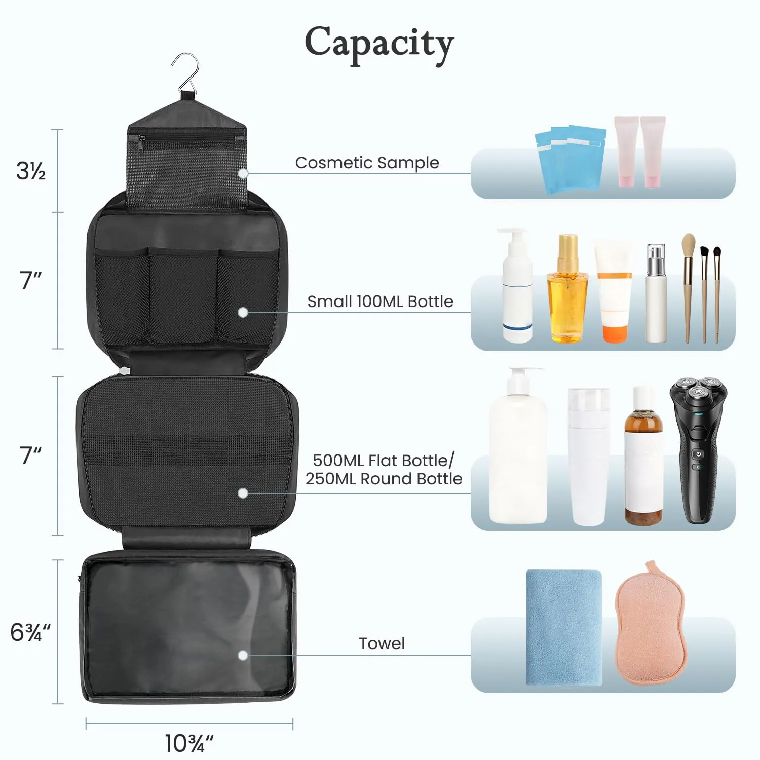 Maliton Toiletry Bag for Men & Women | Large for Traveling | Hanging Compact Hygiene Bag with 4 Compartments | Waterproof Bathroom Shower Bag (Black)