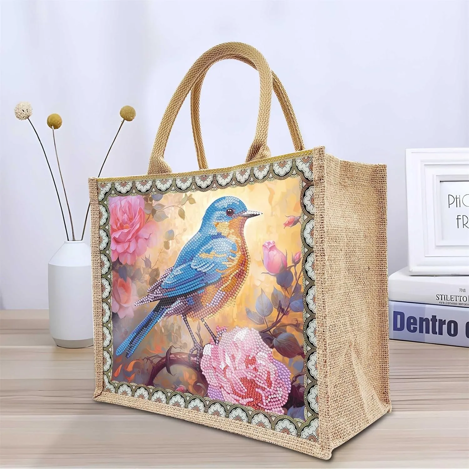 Mandala Handbag Handmade Diamond Art Painting Purses with 2Pcs Replaceable Canvas Pattern DIY Shoulder Makeup Bag for Women Art Craft Gift-Bird