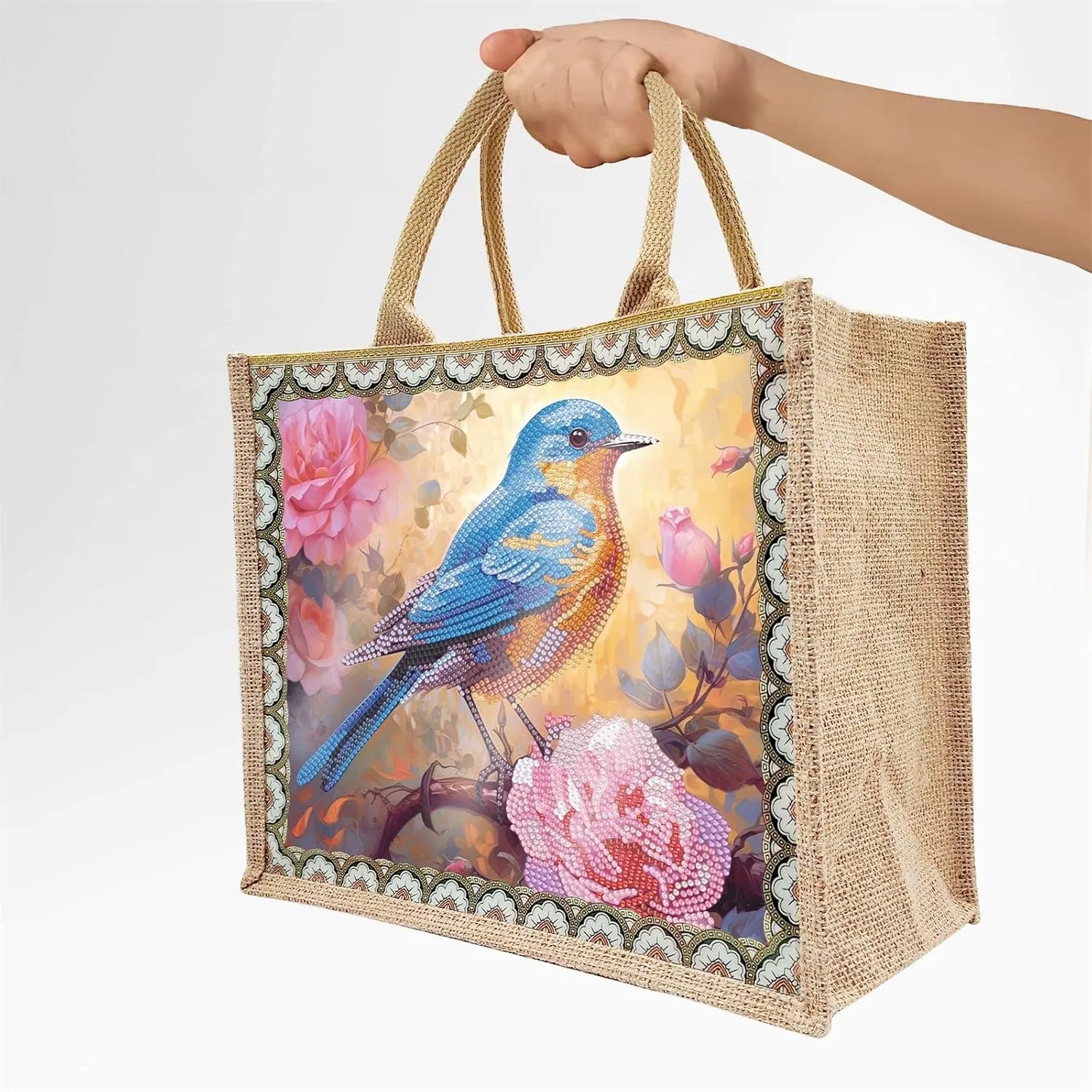 Mandala Handbag Handmade Diamond Art Painting Purses with 2Pcs Replaceable Canvas Pattern DIY Shoulder Makeup Bag for Women Art Craft Gift-Bird