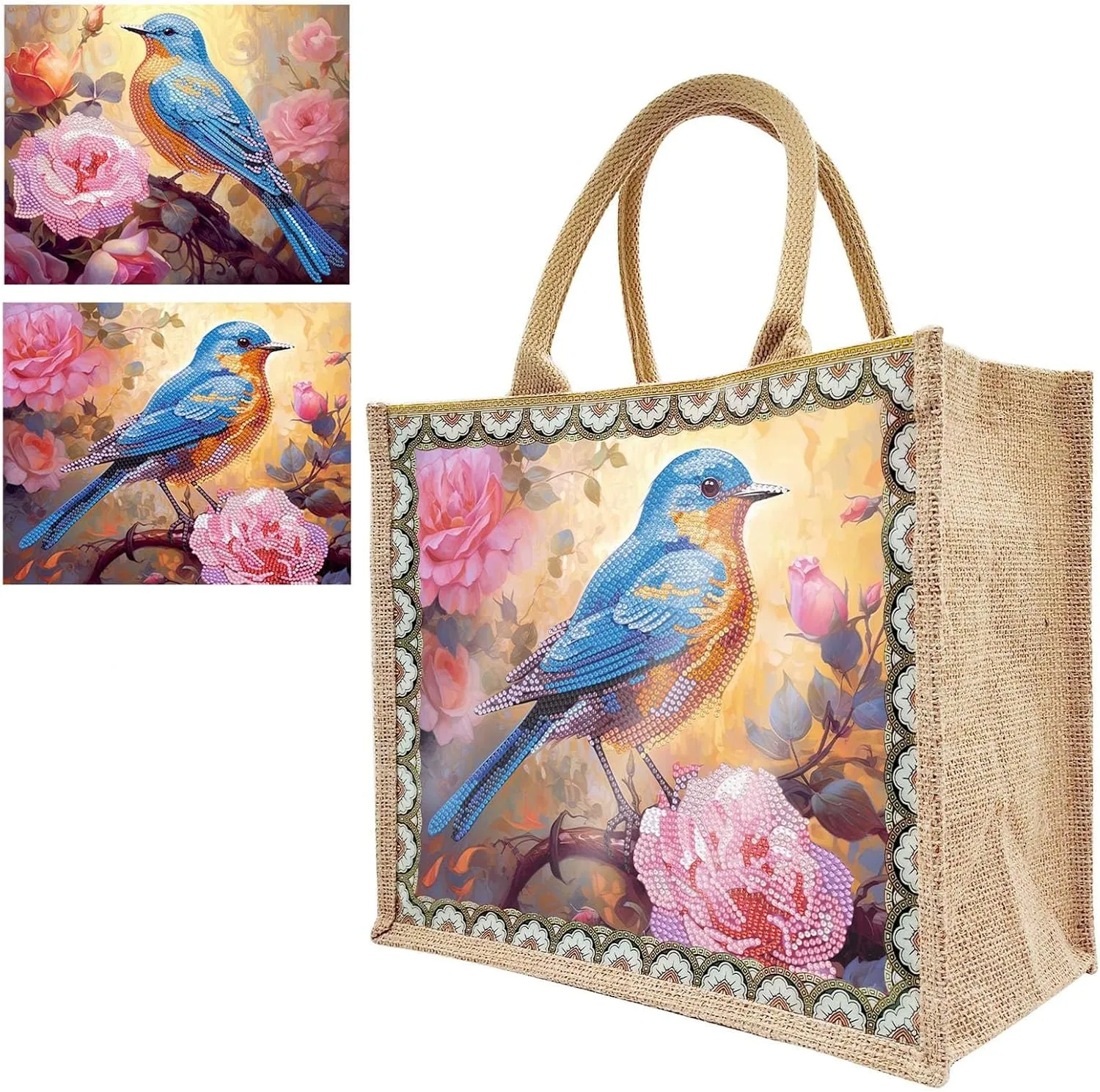 Mandala Handbag Handmade Diamond Art Painting Purses with 2Pcs Replaceable Canvas Pattern DIY Shoulder Makeup Bag for Women Art Craft Gift-Bird