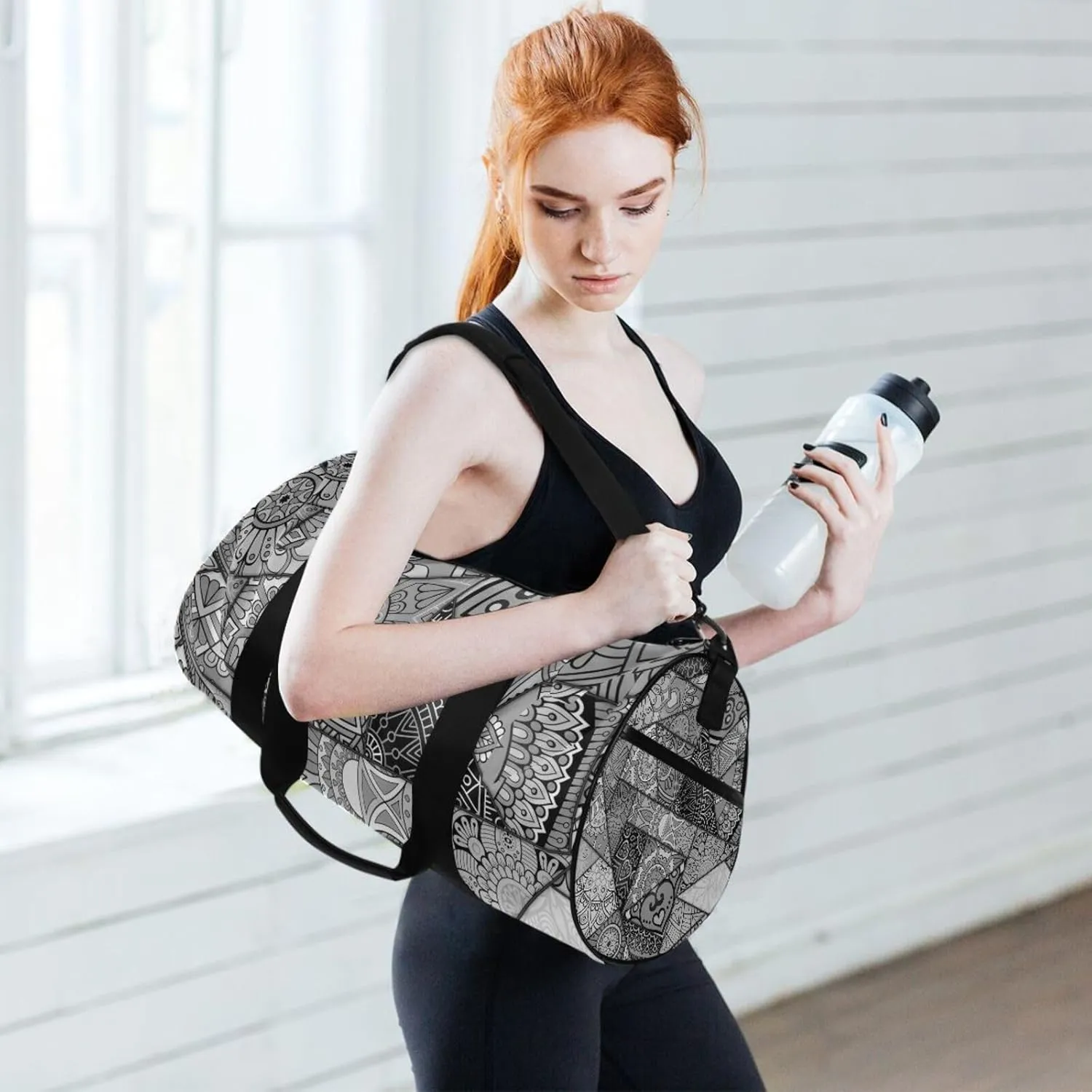 Mandala Patchwork Islam, Arabic, Indian, Ottoman Motifs Portable Gym Bag, Travel Bag, Luggage bag, Sports Bag, Toiletry Bag with Handles, Detachable Shoulder Strap 17.6 x 9 x 9 inch