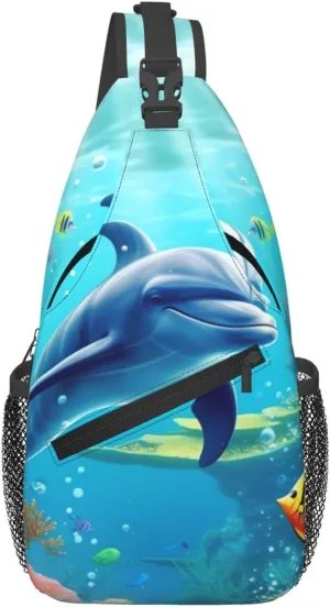Man's Cross Chest Bag Diagonally Sling Backpack Shoulder Bag Ocean Underwater Dolphin Fish Sling Bag for Women Hiking Daypack