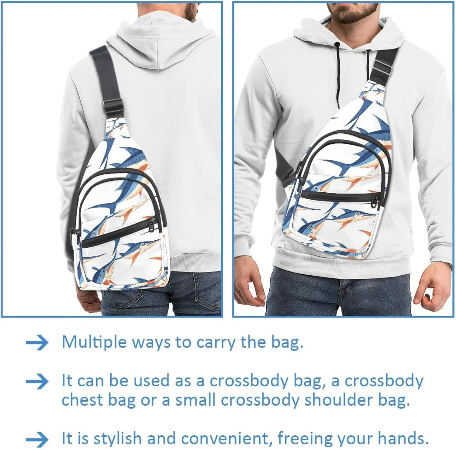 marine swordfish (3) Sling Bag for Women Men Backpack Fanny Pack Crossbody Chest Travel Shoulder Belt Bags Purse Handbag