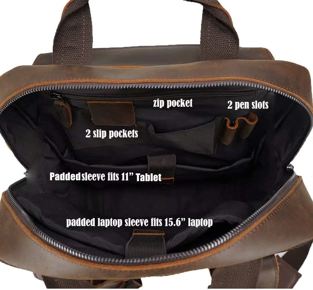 Masa Kawa Leather Backpack for Men Vintage 15.6 Inch Laptop Bag Multi Pockets Rucksack Casual Travel Daypack Brown