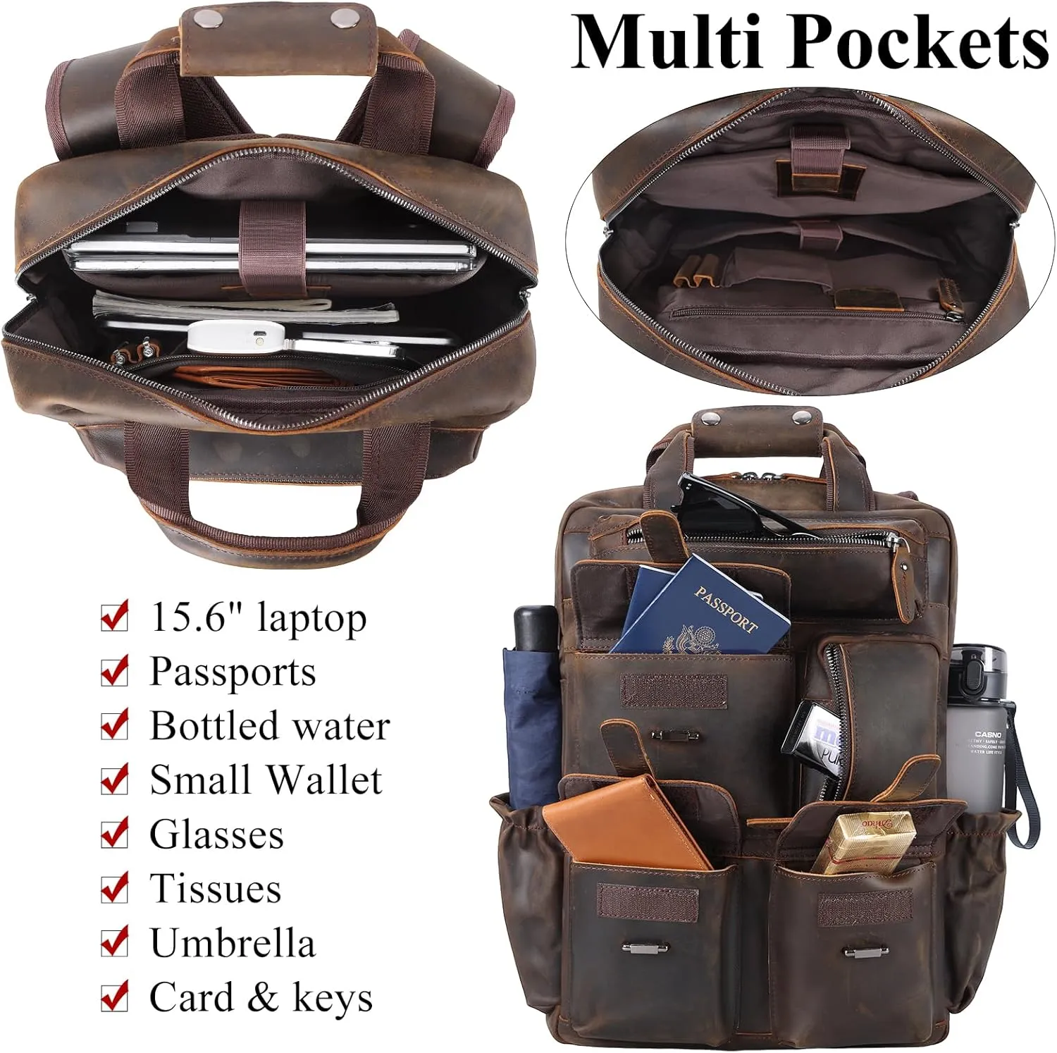 Masa Kawa Leather Backpack for Men Vintage 15.6 Inch Laptop Bag Multi Pockets Rucksack Casual Travel Daypack Brown
