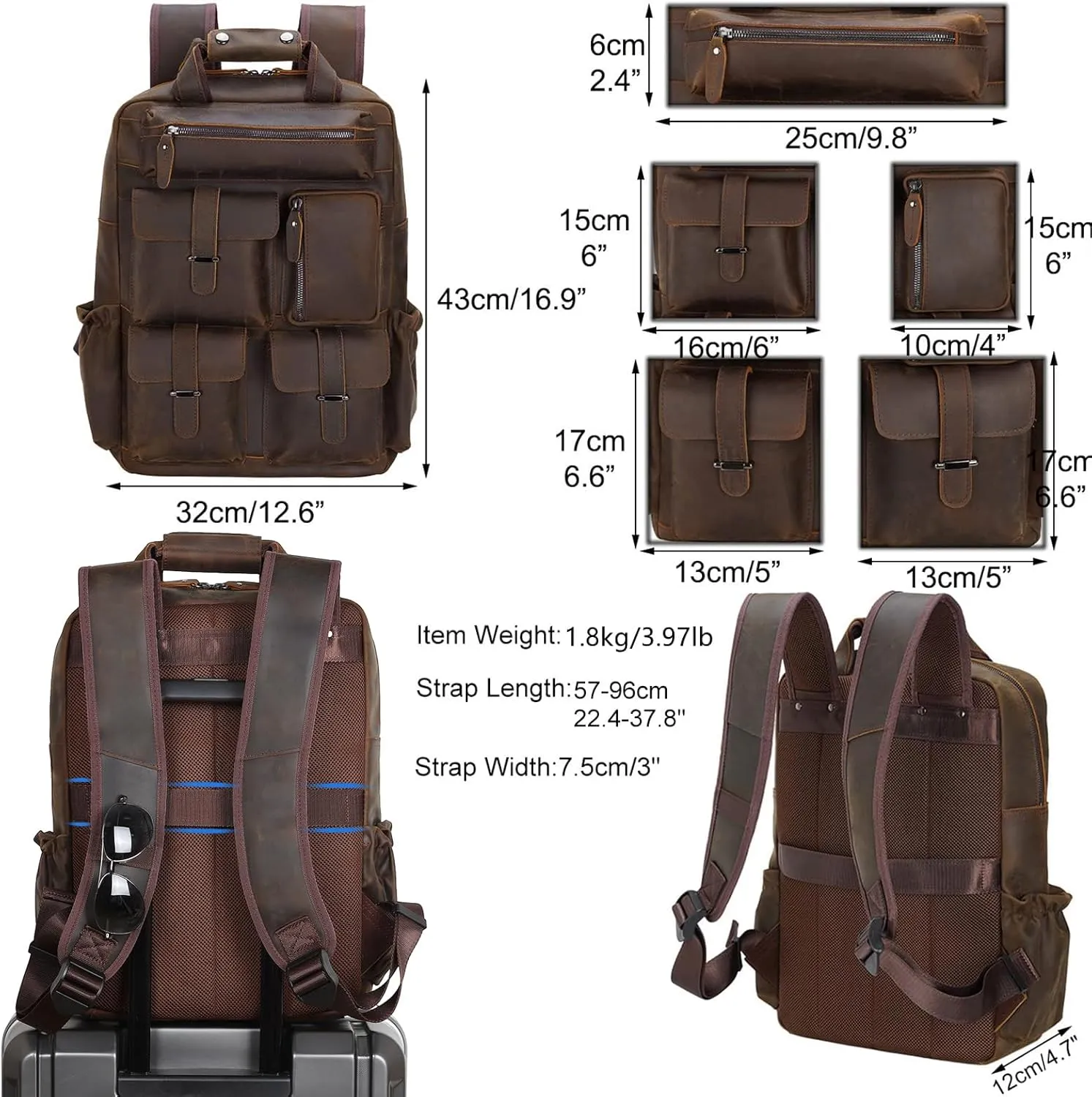 Masa Kawa Leather Backpack for Men Vintage 15.6 Inch Laptop Bag Multi Pockets Rucksack Casual Travel Daypack Brown