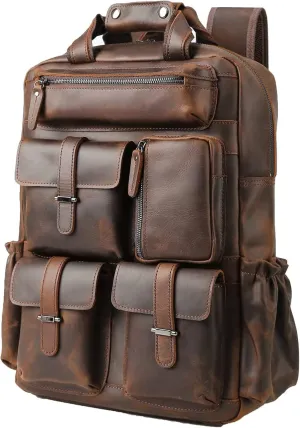Masa Kawa Leather Backpack for Men Vintage 15.6 Inch Laptop Bag Multi Pockets Rucksack Casual Travel Daypack Brown