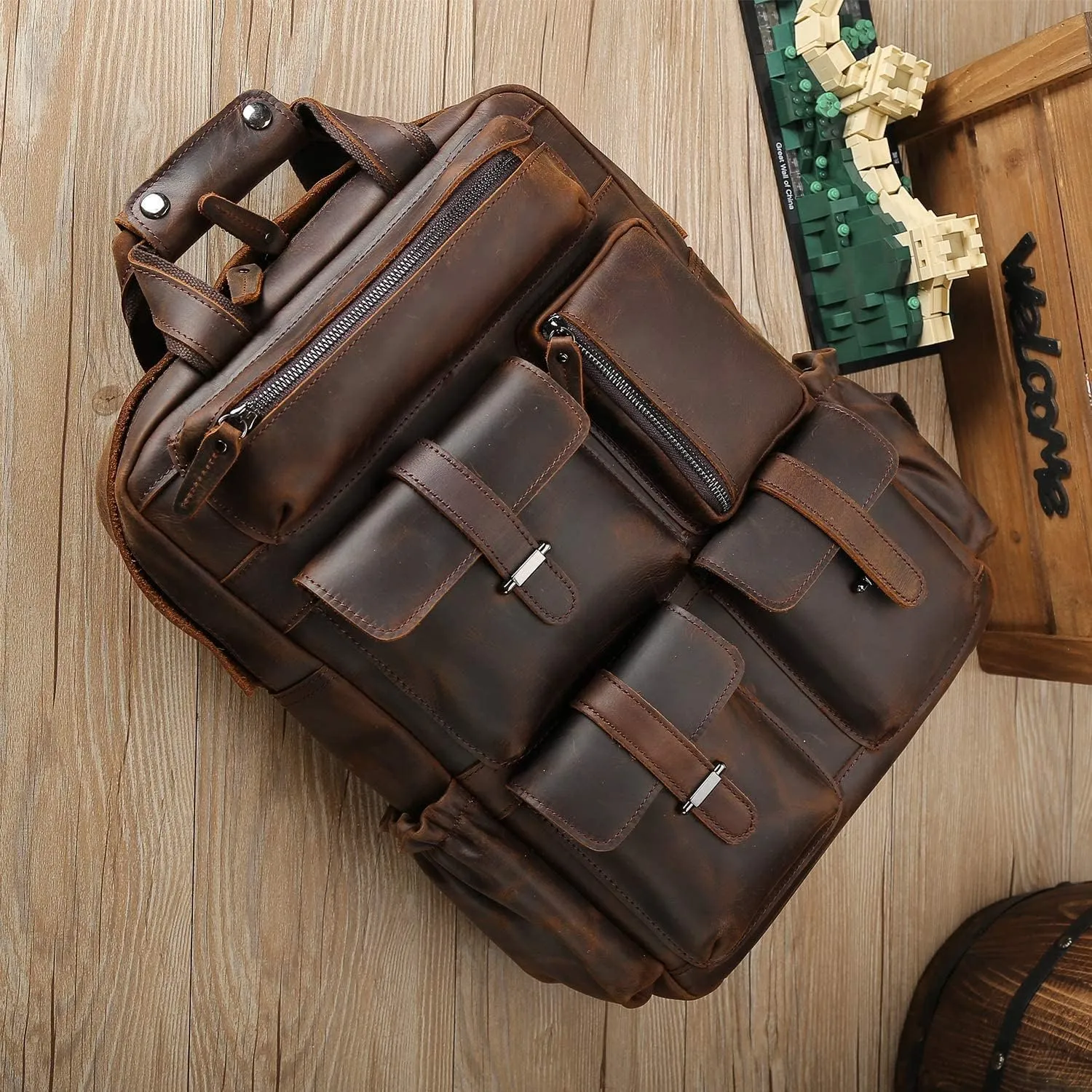 Masa Kawa Leather Backpack for Men Vintage 15.6 Inch Laptop Bag Multi Pockets Rucksack Casual Travel Daypack Brown