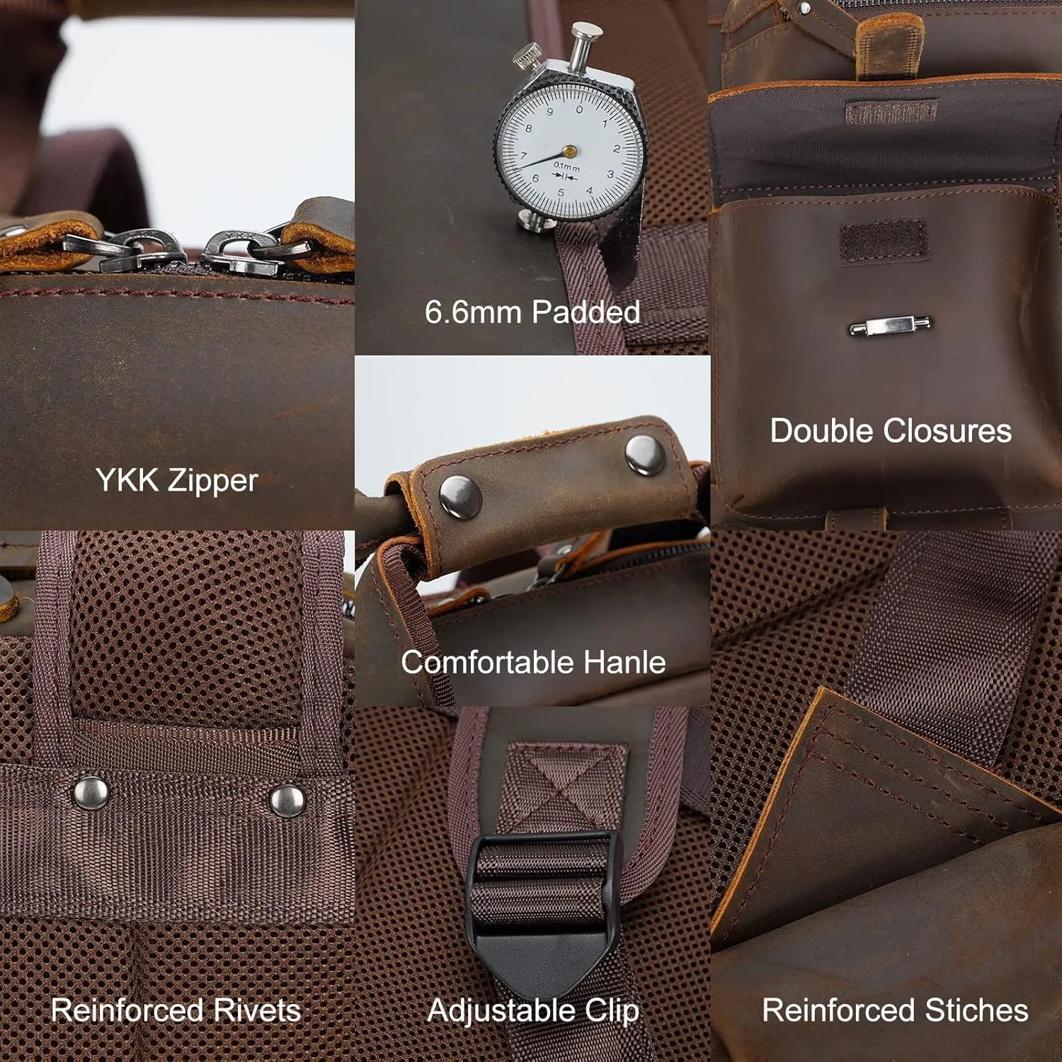 Masa Kawa Leather Backpack for Men Vintage 15.6 Inch Laptop Bag Multi Pockets Rucksack Casual Travel Daypack Brown