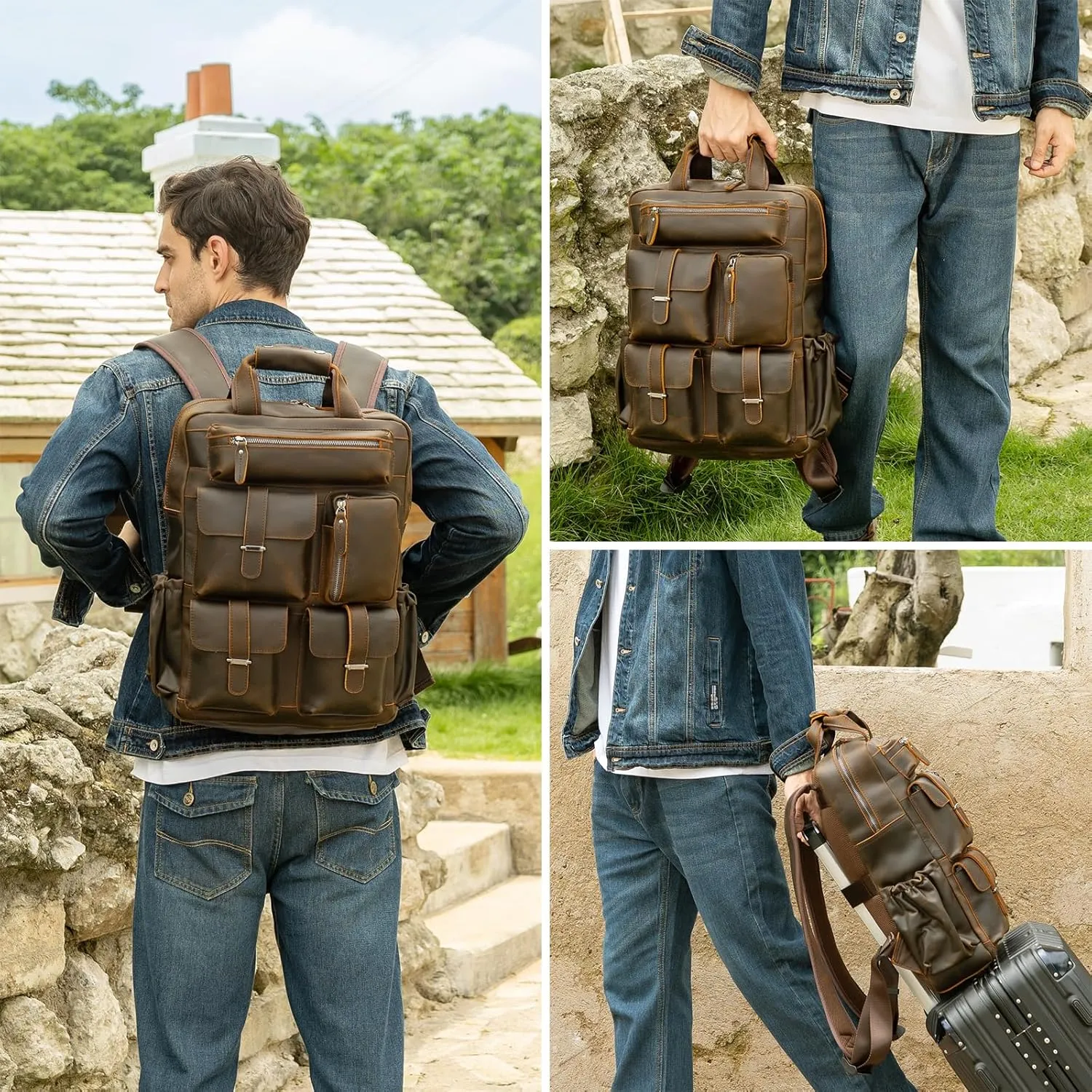 Masa Kawa Leather Backpack for Men Vintage 15.6 Inch Laptop Bag Multi Pockets Rucksack Casual Travel Daypack Brown