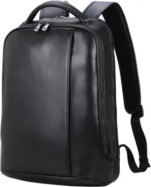 Masa Kawa Slim Leather 14" Laptop Backpack for Women Men Small Business Travel Office Work Computer Rucksack Bag Executive Casual Daypack, Black