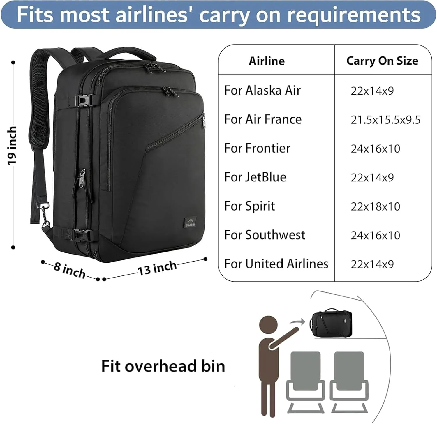 MATEIN Carry on Backpack, Extra Large Travel Backpack Expandable Airplane Approved Weekender Bag for Men and Women, Water Resistant Lightweight Daypack for Flight 40L, Black