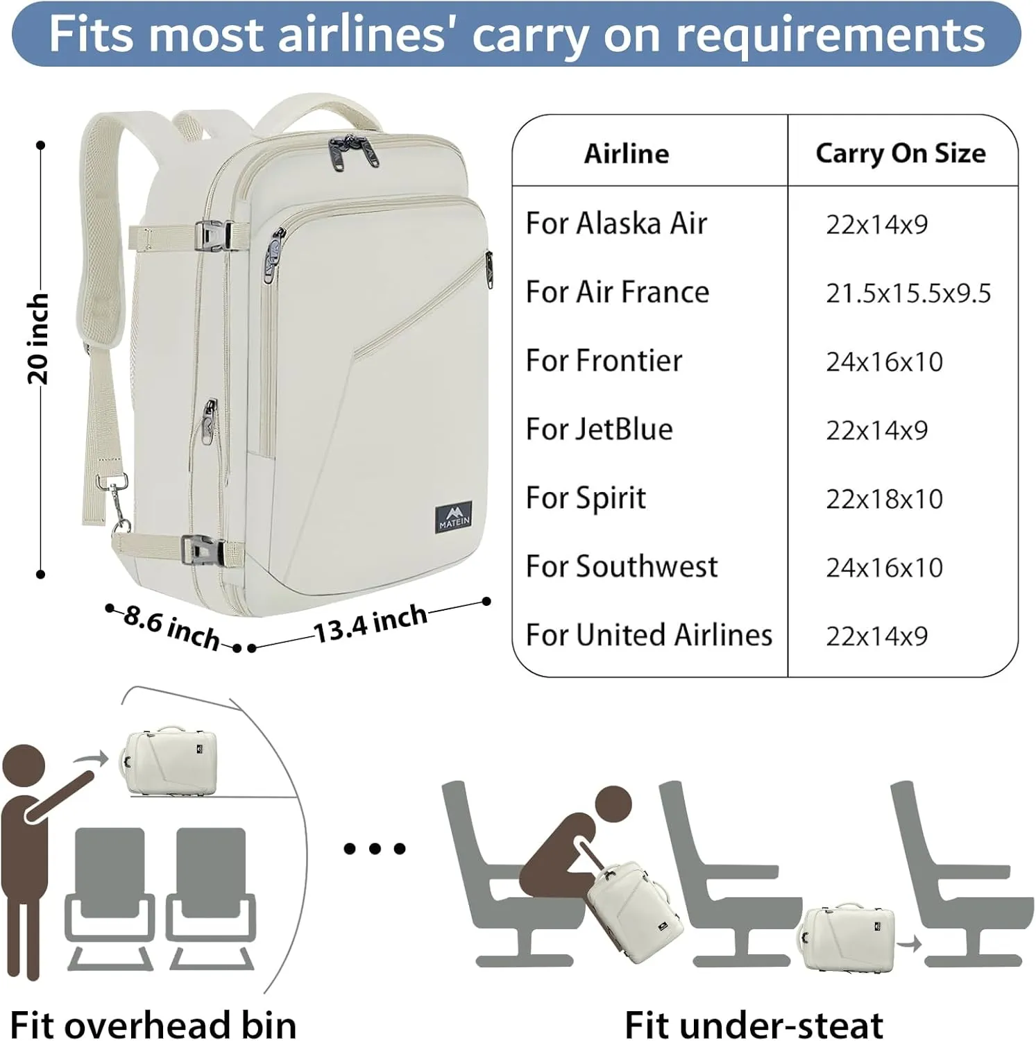 MATEIN Large Backpack for Travel Flight Approved, 45L Carry on Backpack with Padded Shoulder Straps for Adult, Men, Women, Expandable Daypack for Clothes, Travel Essentials, Beige