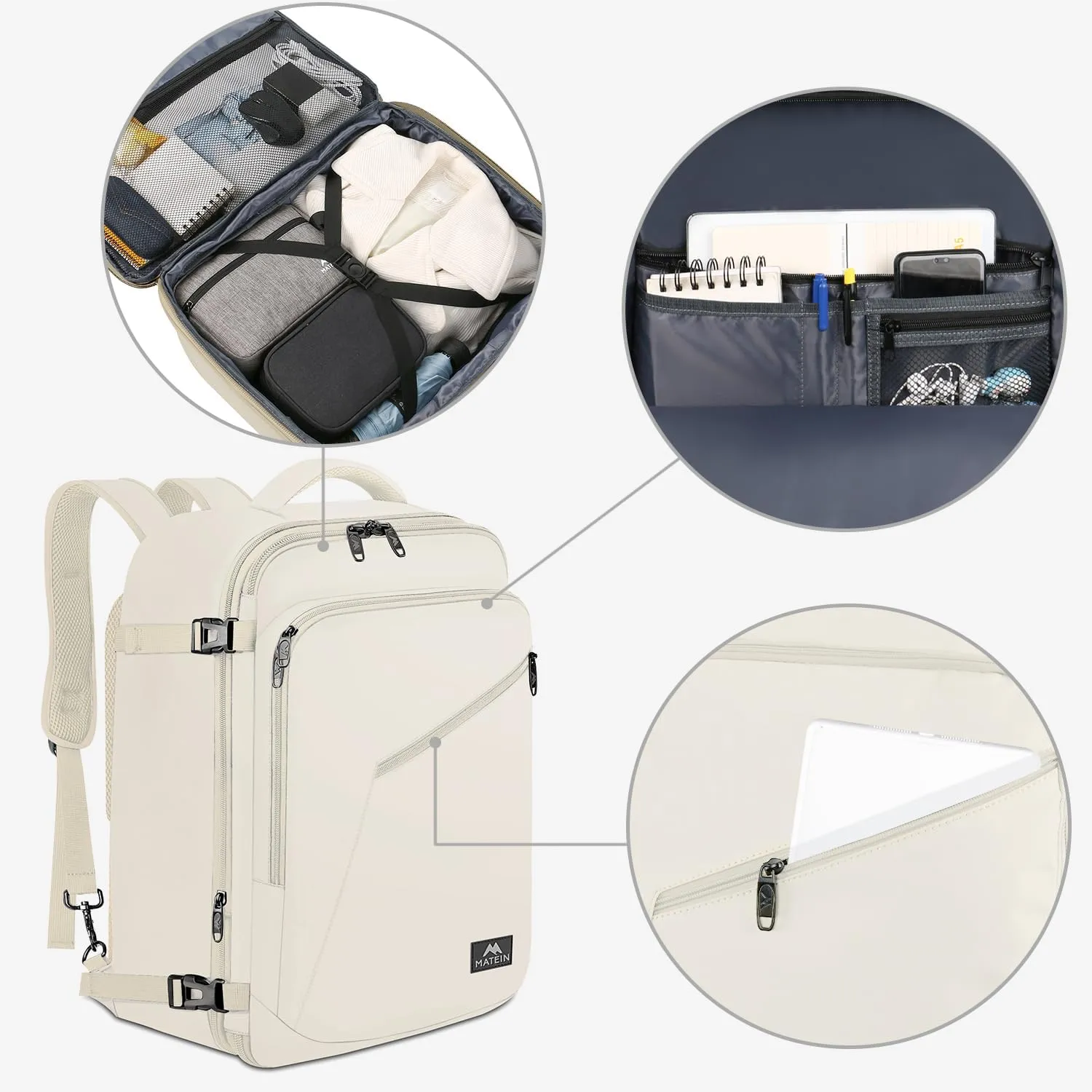 MATEIN Large Backpack for Travel Flight Approved, 45L Carry on Backpack with Padded Shoulder Straps for Adult, Men, Women, Expandable Daypack for Clothes, Travel Essentials, Beige