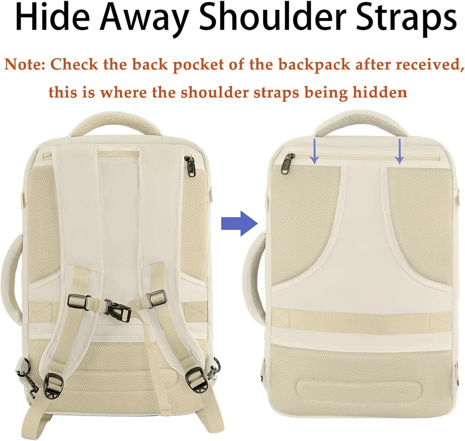 MATEIN Large Backpack for Travel Flight Approved, 45L Carry on Backpack with Padded Shoulder Straps for Adult, Men, Women, Expandable Daypack for Clothes, Travel Essentials, Beige