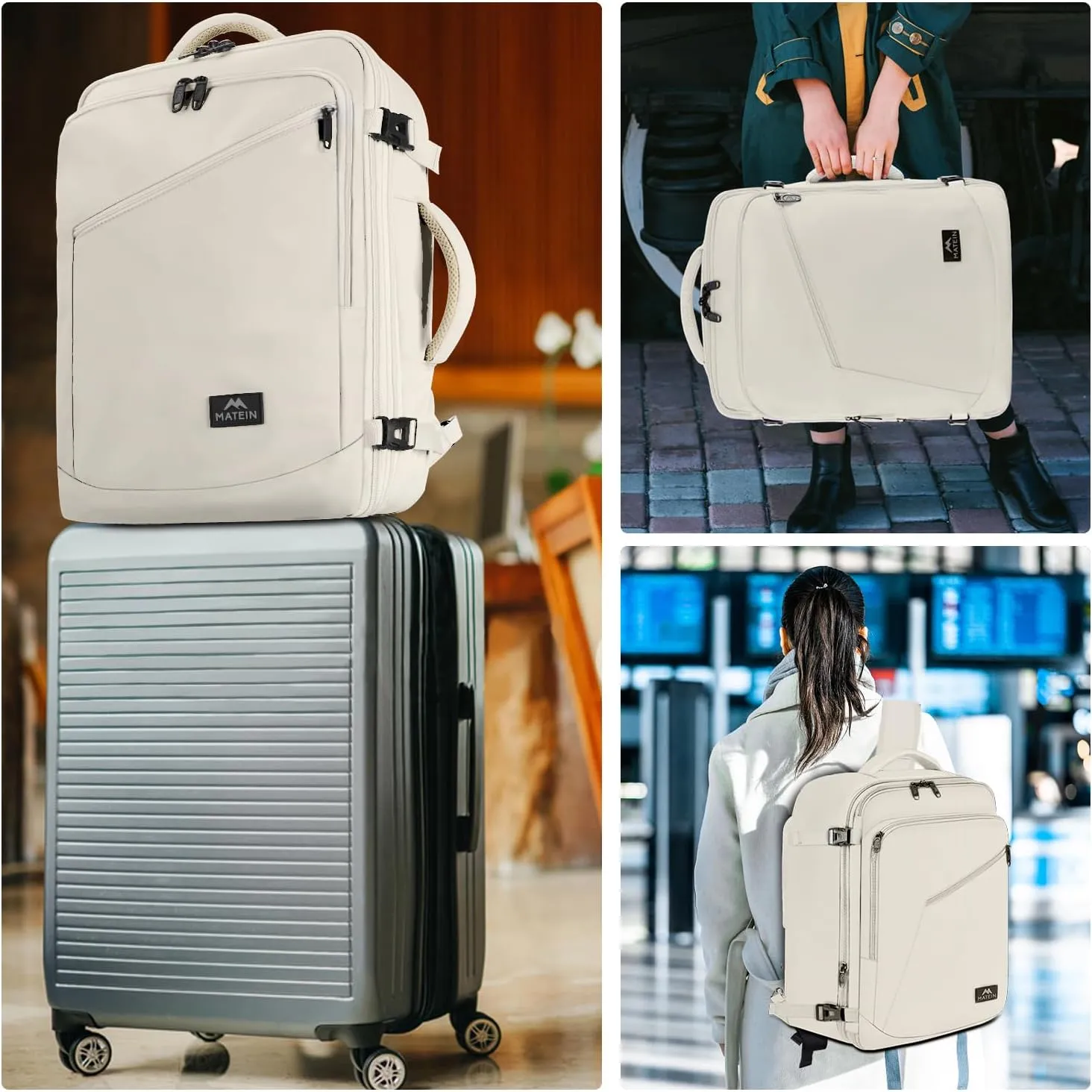 MATEIN Large Backpack for Travel Flight Approved, 45L Carry on Backpack with Padded Shoulder Straps for Adult, Men, Women, Expandable Daypack for Clothes, Travel Essentials, Beige
