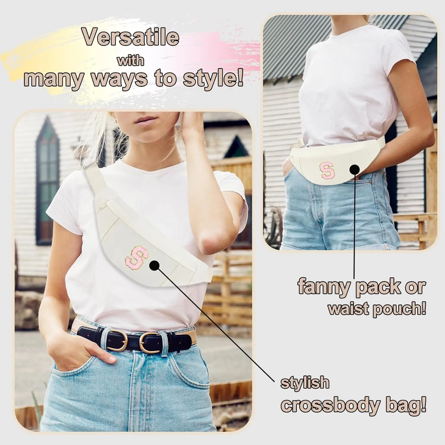 MAXTOP Birthday Gifts for Women Men,Personalized Initial Letter Patch Fanny Pack Crossbody Bag with 3-Zipper Christmas Gift Trendy Stuff for Daughter Sister Her,Beige S
