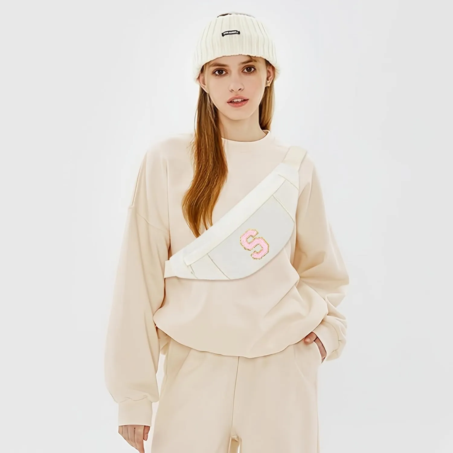 MAXTOP Birthday Gifts for Women Men,Personalized Initial Letter Patch Fanny Pack Crossbody Bag with 3-Zipper Christmas Gift Trendy Stuff for Daughter Sister Her,Beige S