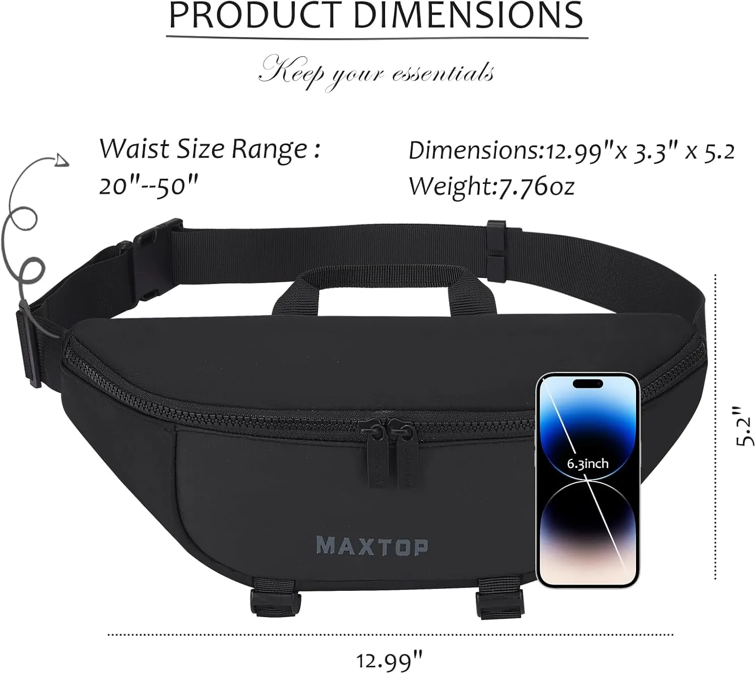 MAXTOP Large Fanny Packs for Women Men Crossbody Bag Travel Essentials with Adjustable Strap Hands-Free Waist Pack for Gym Running Hiking,Black