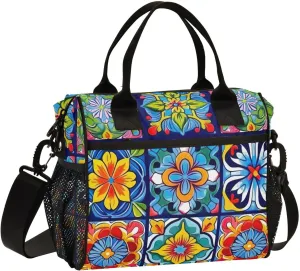 MCHIVER Ceramic Tile Lunch Bag Insulated Lunch Box with Adjustable Shoulder Strap Reusable Cooler Bag with Side Pockets Large Lunch Tote Bag for Men Women Kids Size M
