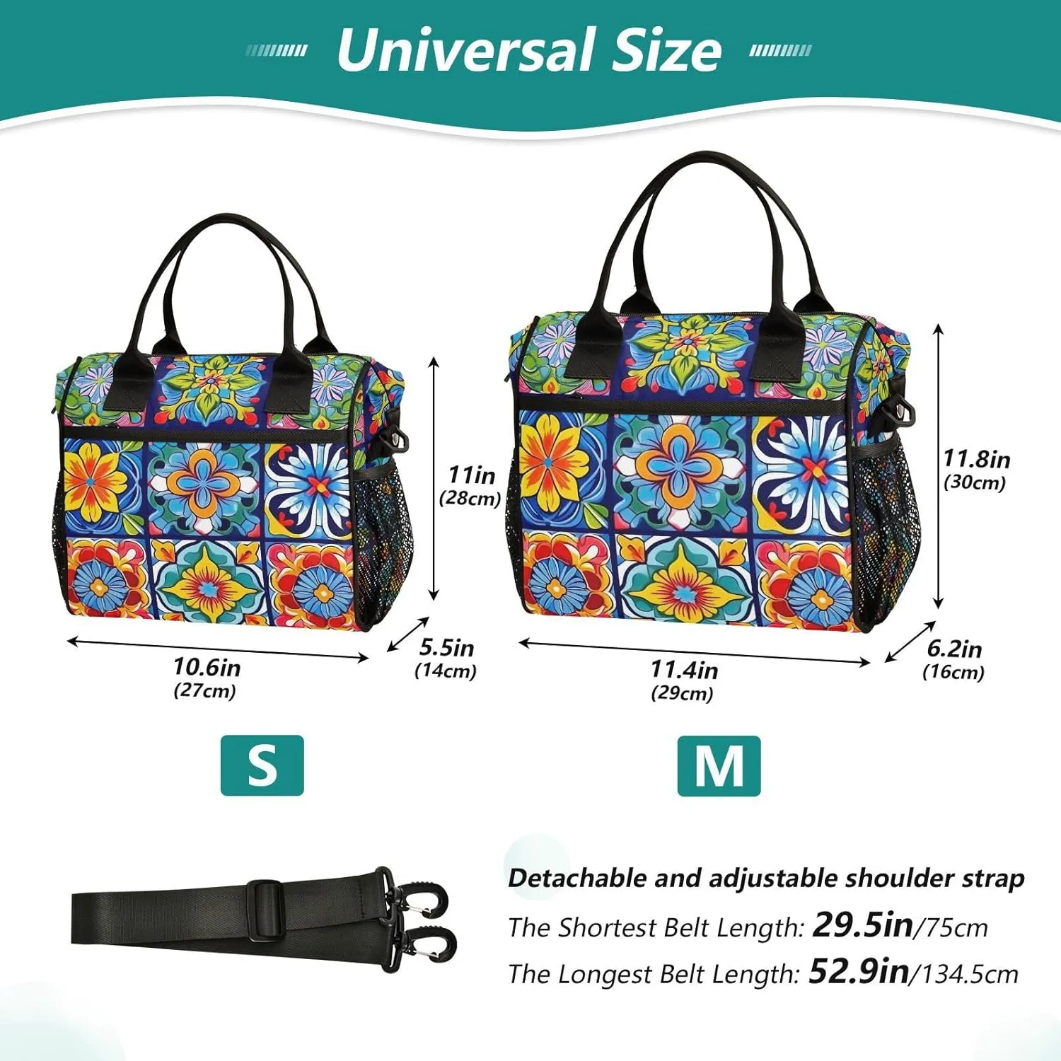 MCHIVER Ceramic Tile Lunch Bag Insulated Lunch Box with Adjustable Shoulder Strap Reusable Cooler Bag with Side Pockets Large Lunch Tote Bag for Men Women Kids Size M
