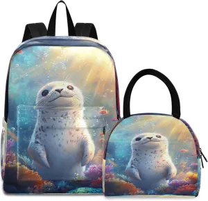 MCHIVER Seal Coral Reef Blue School Backpacks for Boys & Girls Light Weight Bookbag set with Lunch Box Daypacks for Nursery Travel 2 Pcs
