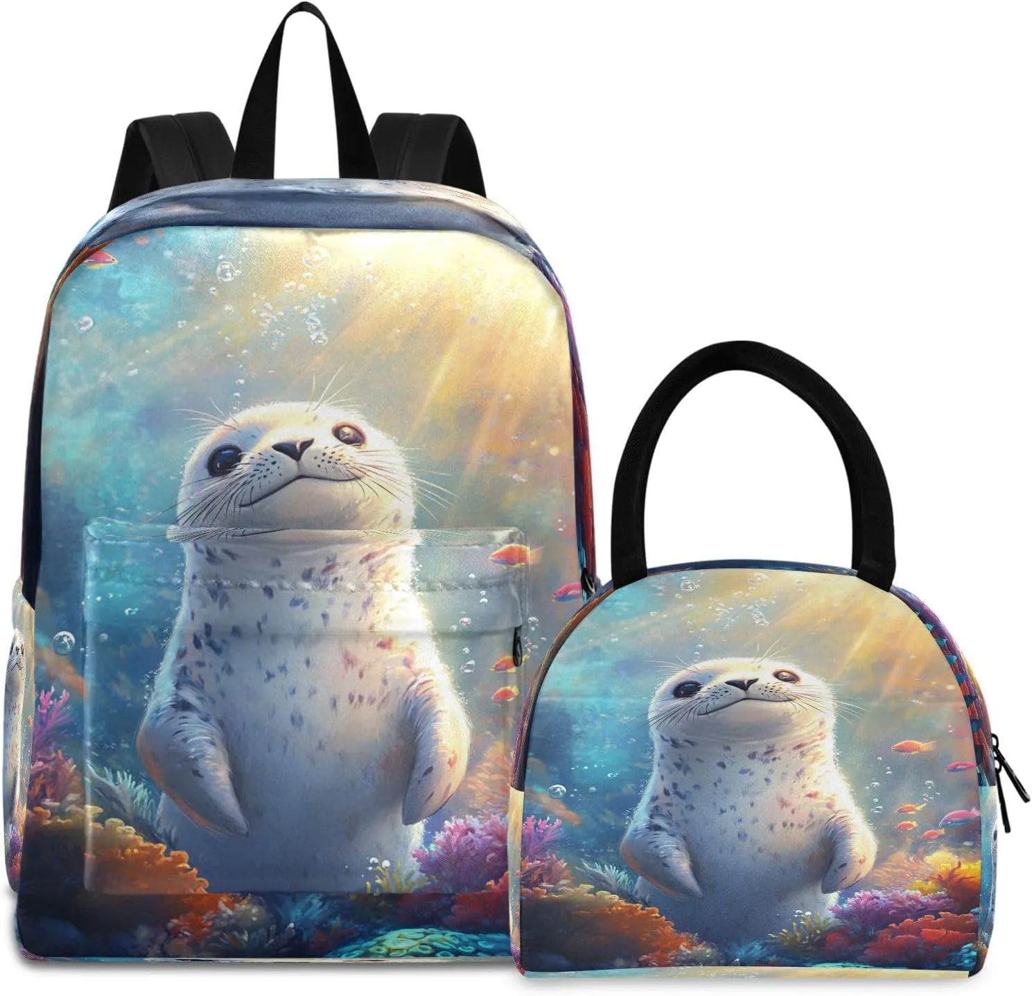 MCHIVER Seal Coral Reef Blue School Backpacks for Boys & Girls Light Weight Bookbag set with Lunch Box Daypacks for Nursery Travel 2 Pcs