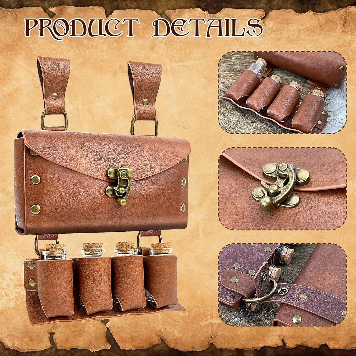 Medieval Alchemy Faux Leather Belt Bag with, Fantasy Wizard Renaissance Waist Pouches for Halloween Cosplay Costume
