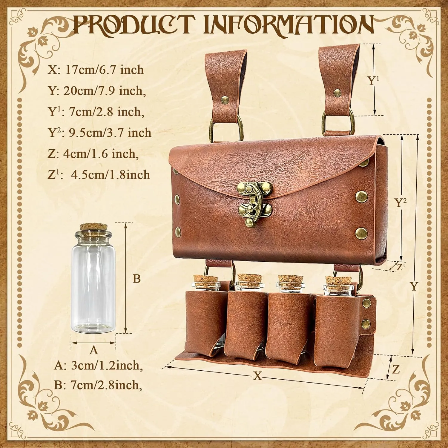Medieval Alchemy Faux Leather Belt Bag with, Fantasy Wizard Renaissance Waist Pouches for Halloween Cosplay Costume