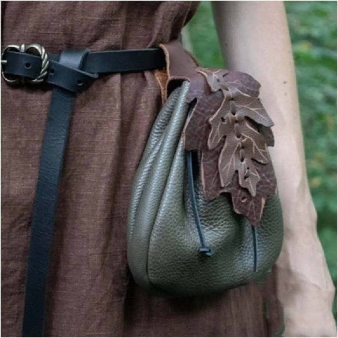 Medieval Leather Drawstring Coin Purse Belt Small Pouch Hip Kidney Side LARP Bag Renaissance Festival Jewel Money Wallet,Green/1851