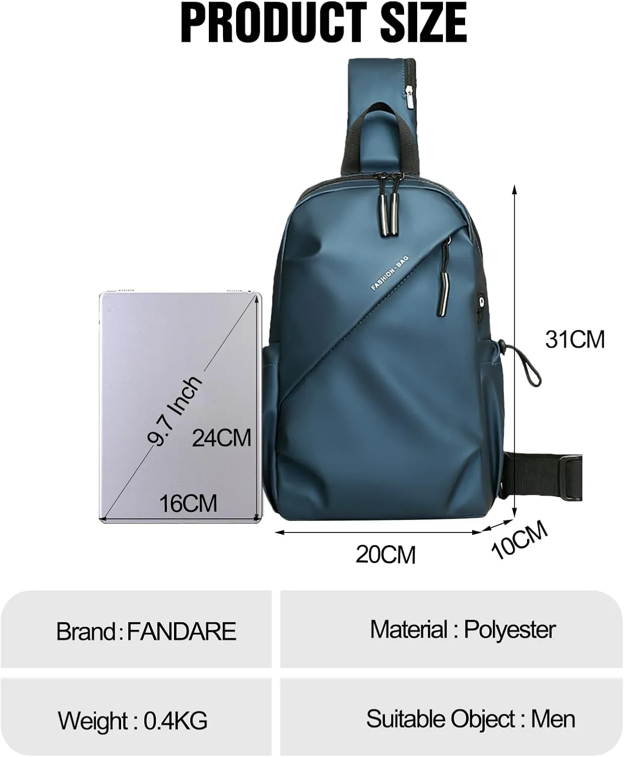 Men Crossbody Sling Bag Shoulder Chest Messenger Pack with Earphone Hole Carry Pouch Body Wallet for Hiking Running Cycling Outdoor Travel Daypacks Waterproof Polyester Blue