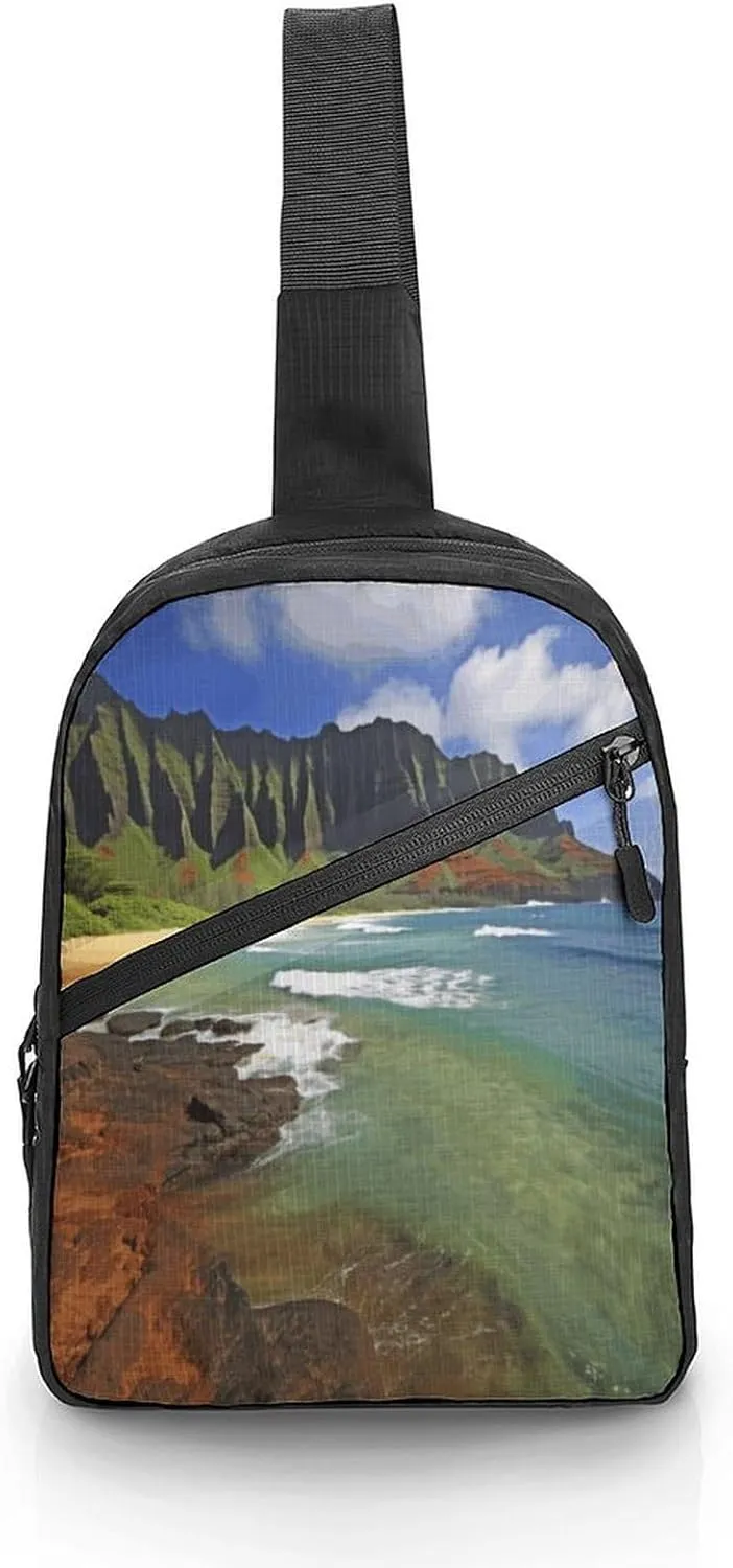 Men Women Foldable Sling Bags,Seashore Print Crossbody Chest Bag,Shoulder Chest Backpack for Cycling Walking Hiking