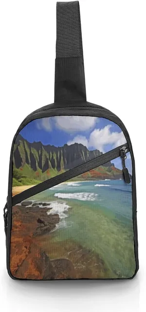 Men Women Foldable Sling Bags,Seashore Print Crossbody Chest Bag,Shoulder Chest Backpack for Cycling Walking Hiking