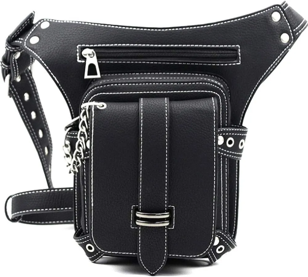 Men Women PU Leather Multi-functional Tactical Drop Leg Waist Bag Fanny Pack Hiking Camping Trekking Cycling Hip Belt Messenger Bag Black