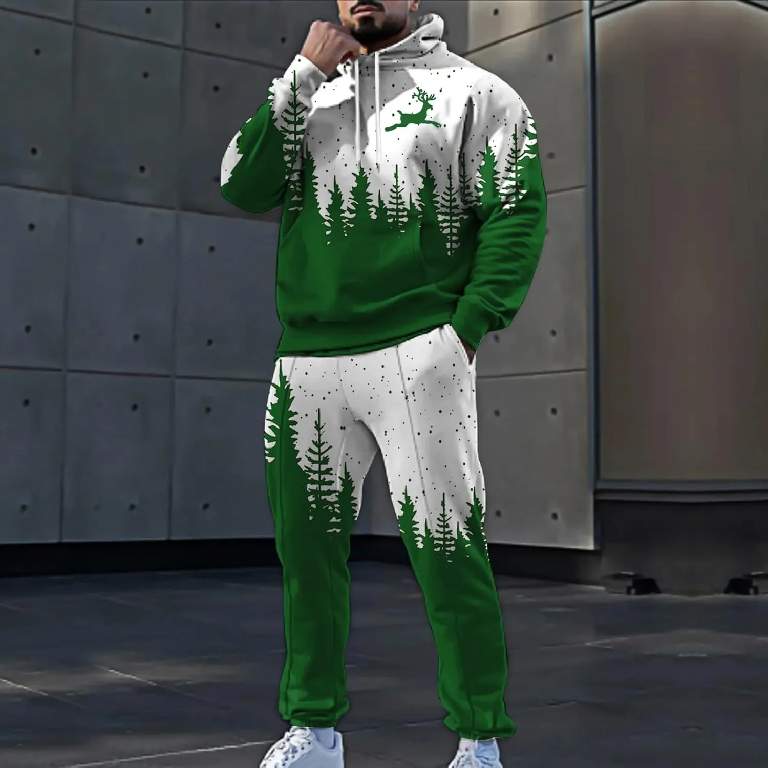 Men's Athletic Hoodie Tracksuit Funny Christmas Tracksuit 2 Piece Funny Reindeer Santa Casual Athletic Jogging Suits